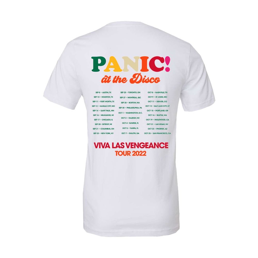 White t-shirt with colorful ’Panic! at the Disco’ tour details printed on the back.