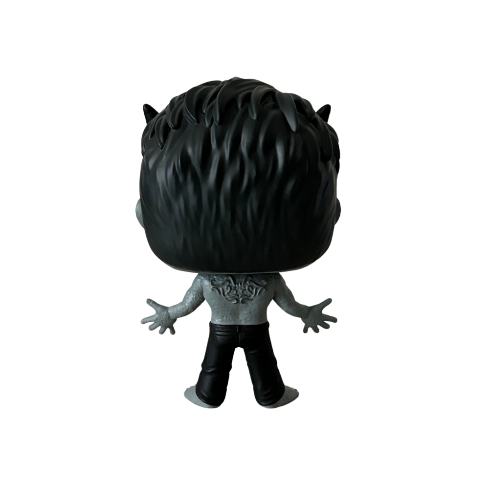 Funko Pop-style figurine with spiky black hair and outstretched arms, viewed from behind.