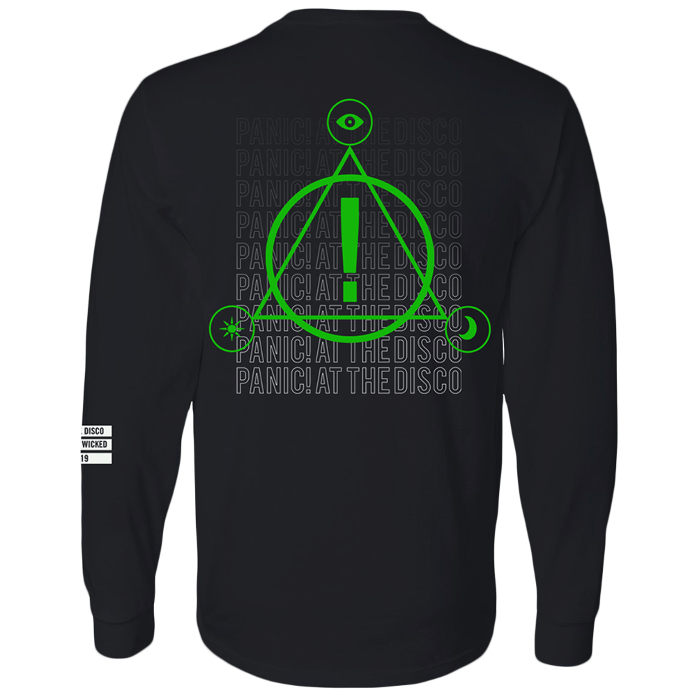 Black long-sleeved shirt with green geometric design and ’Panic! At The Disco’ text on the back.