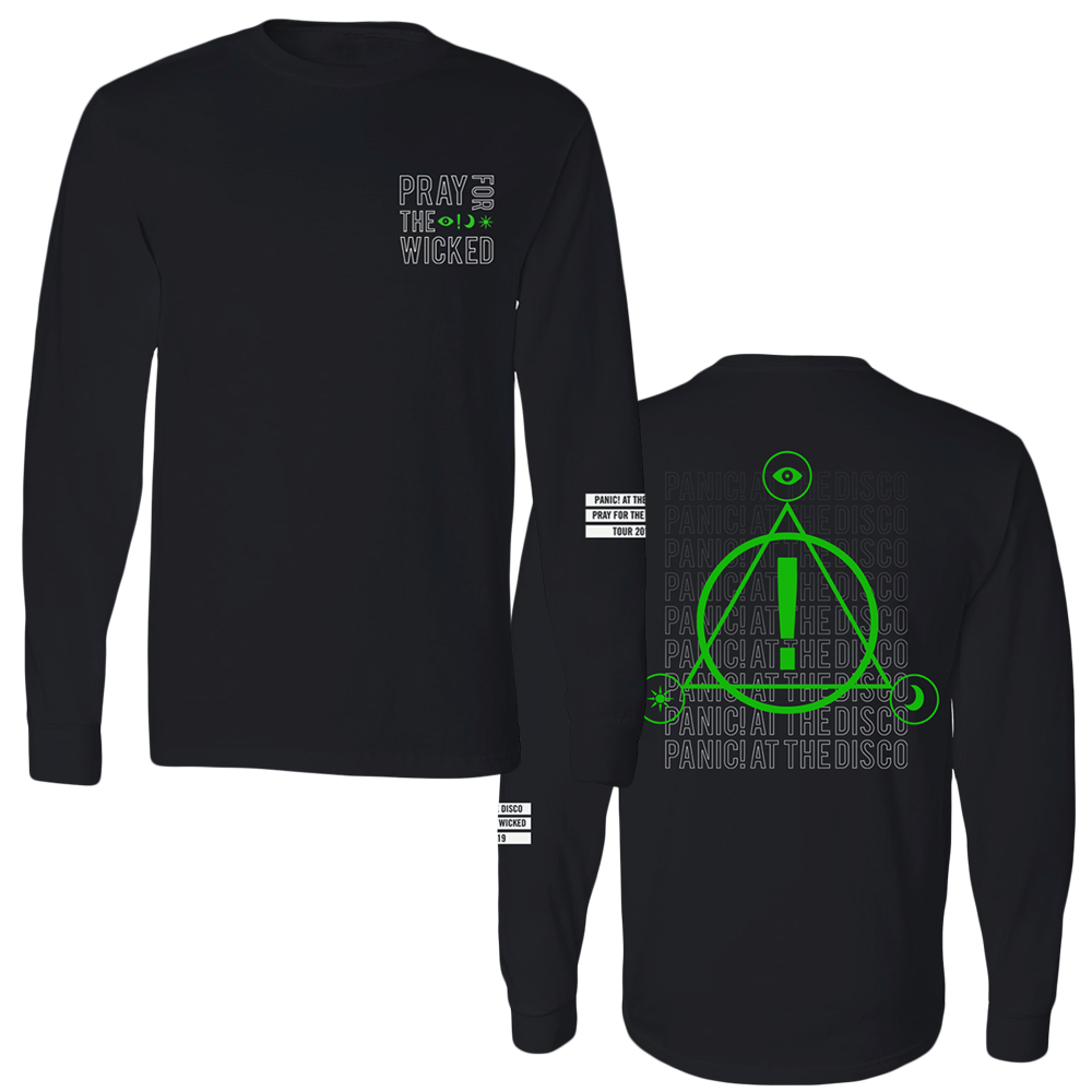 Black long-sleeved shirt with ’Pray for the Wicked’ text and geometric design printed on it.