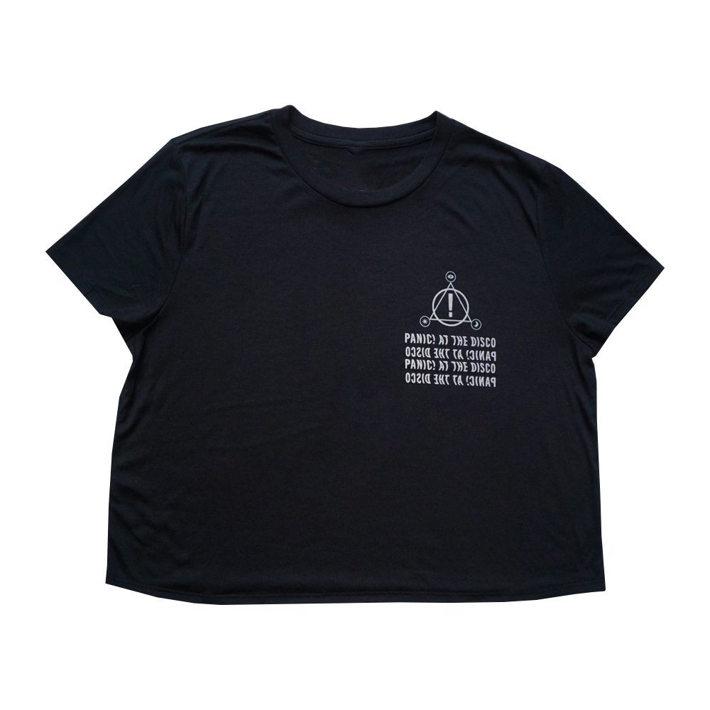 Black crop top t-shirt with a small logo and text printed on the chest.