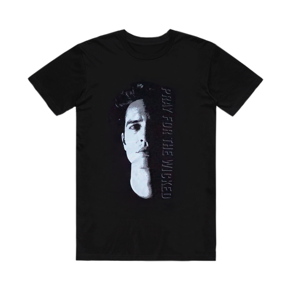 Black t-shirt with a portrait and text printed on the front.