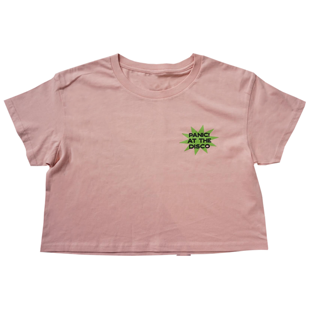 Pink crop top t-shirt with a green logo saying ’Panic! At The Disco’.