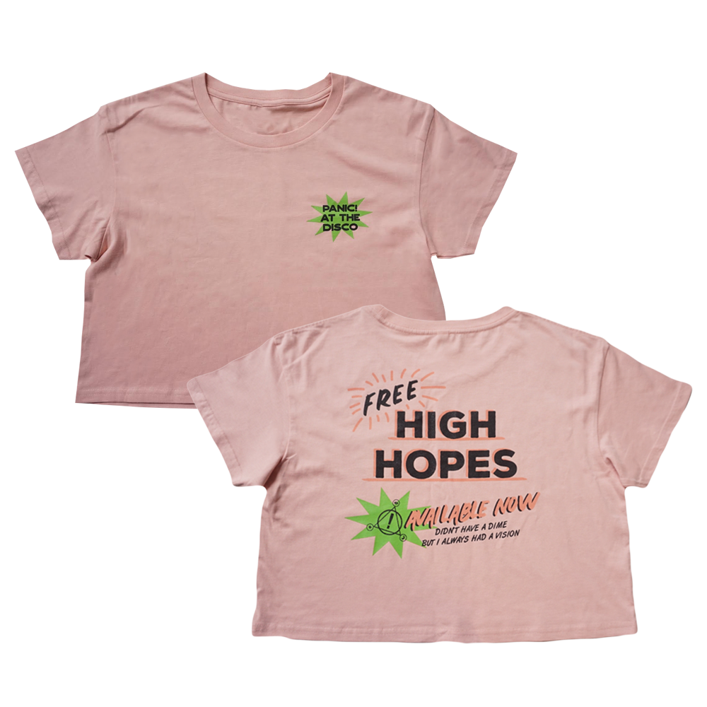 Pink crop top t-shirt with band-related graphics and text on front and back.