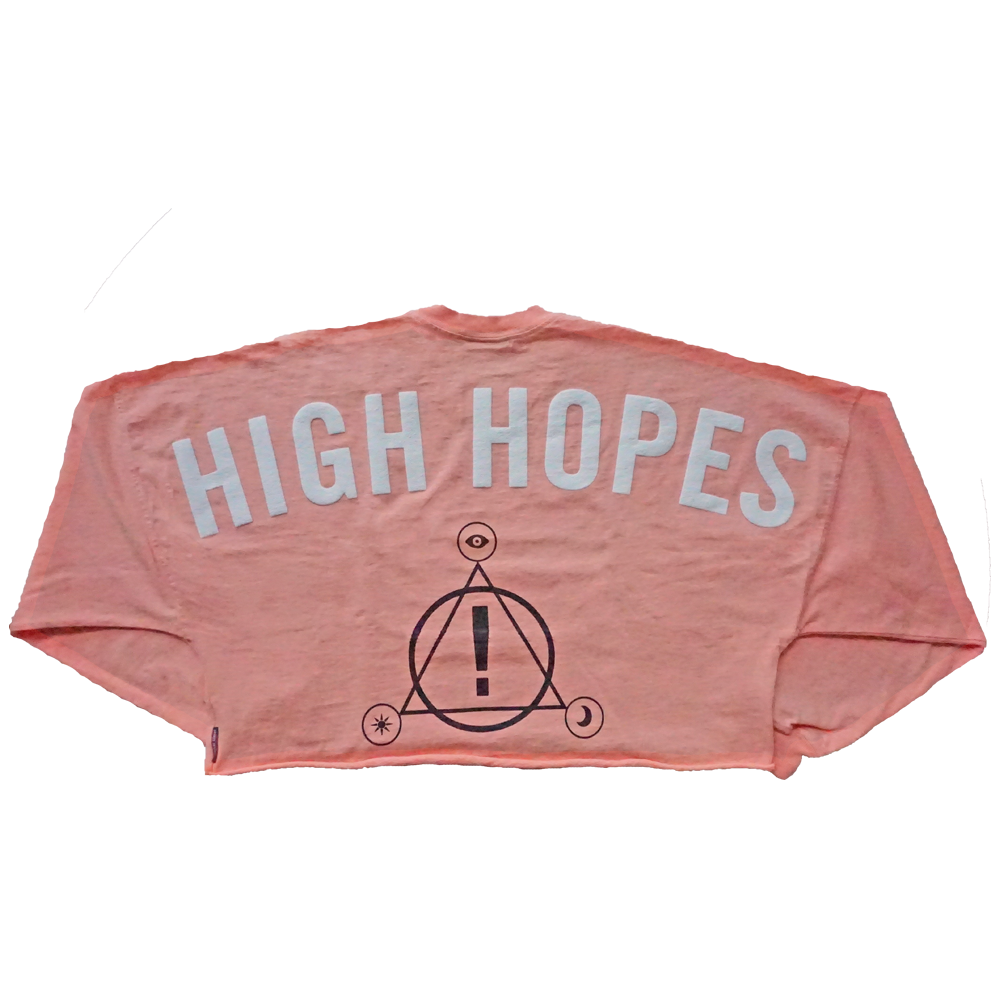 Pink sweatshirt with ’HIGH HOPES’ text and a geometric symbol on the back.