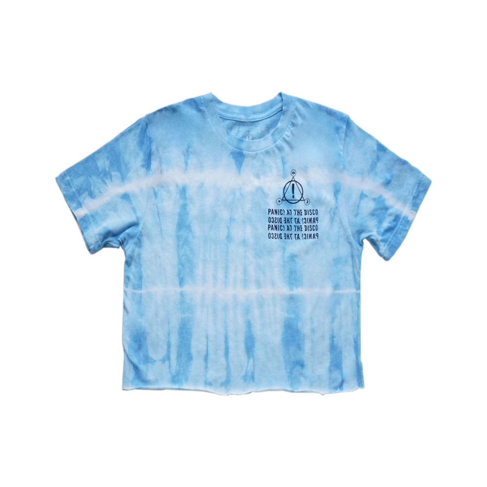 Tie-dyed light blue crop top t-shirt with a small logo and text on the chest.