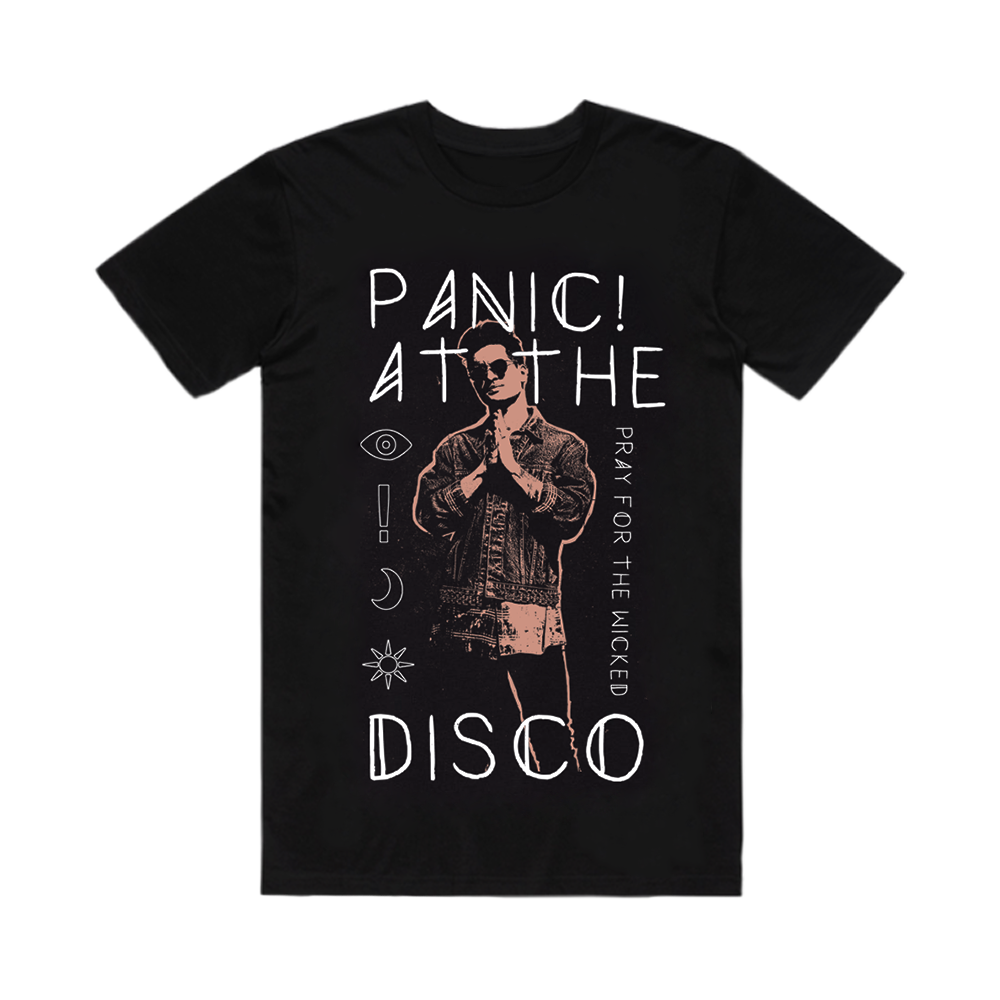 Black t-shirt featuring a Panic! At The Disco band design with text and imagery.