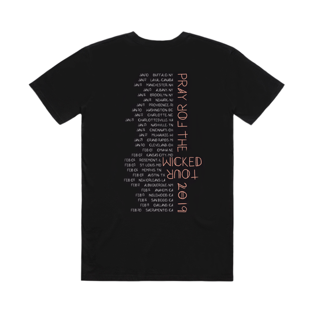Black t-shirt with tour dates and ’Wicked Tour 2019’ printed on it.
