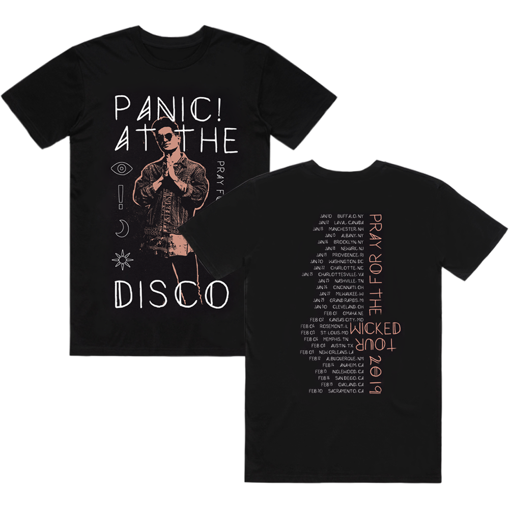 Black t-shirt with Panic! At The Disco band design and tour dates.