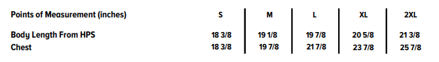 Size chart showing measurements for different clothing sizes.