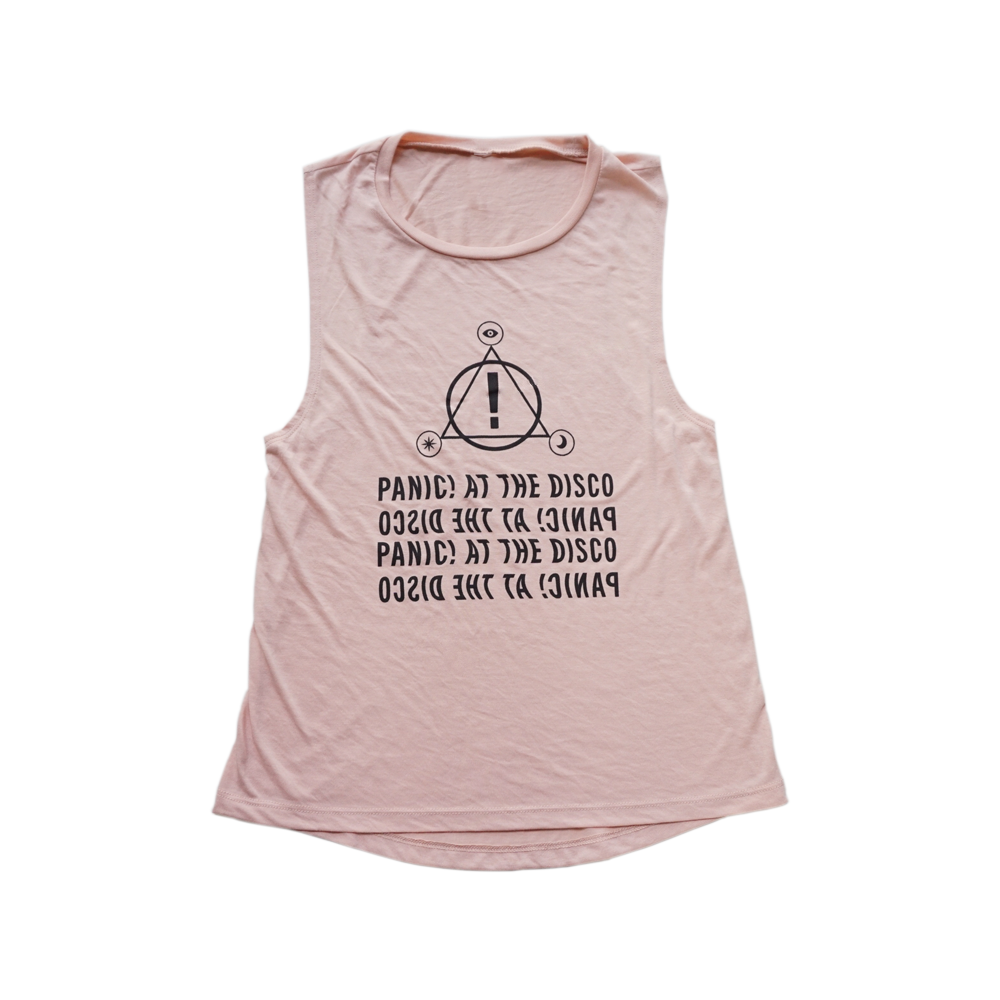 Light pink sleeveless tank top with ’Panic! At The Disco’ band logo and text printed on it.