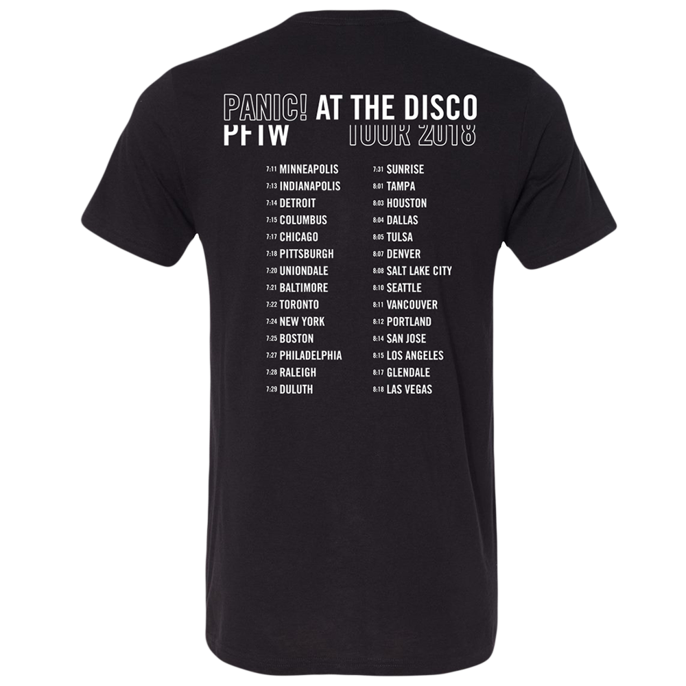 Black t-shirt with Panic! At The Disco tour dates printed on the back.
