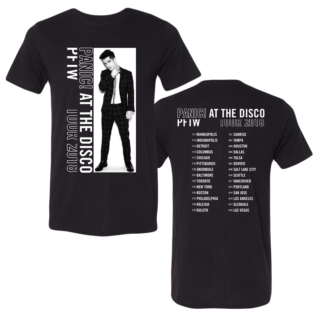 Black t-shirt featuring Panic! At The Disco tour merchandise design with front and back views shown.