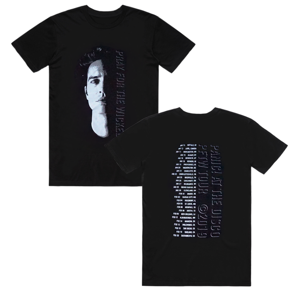 Black t-shirt with a portrait and text design on front and back.