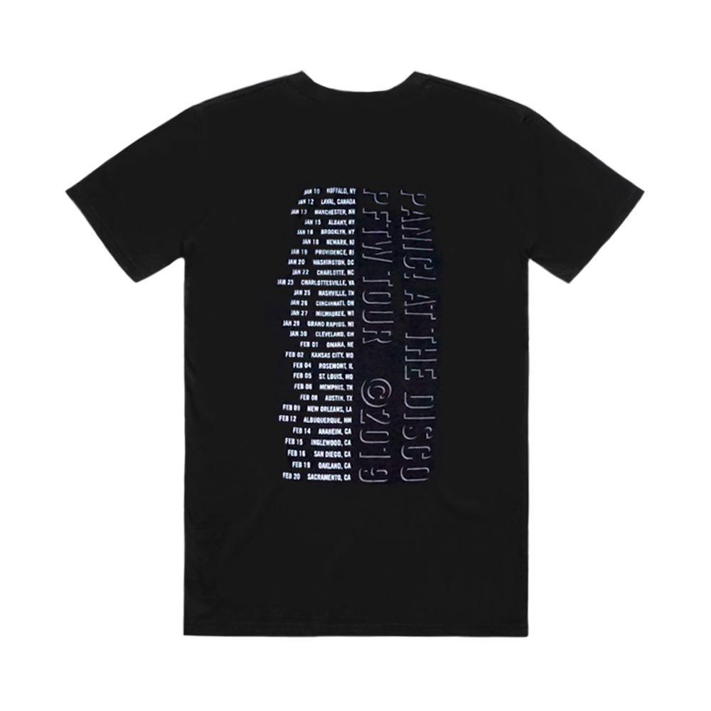 Black t-shirt with white text listing tour dates and ’Panic at the Disco’ on the back.