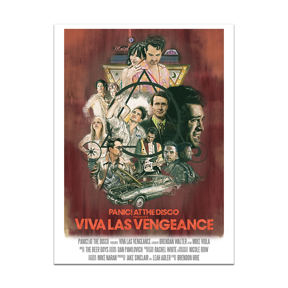 Movie poster for ’Viva Las Vengeance’ by Panic! At The Disco featuring a collage of characters and scenes in a vintage style.