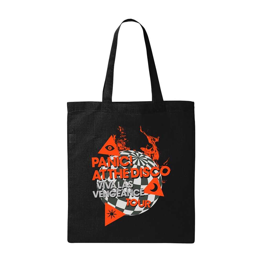 Black tote bag with a colorful ’Panic At The Disco’ tour design printed on it.