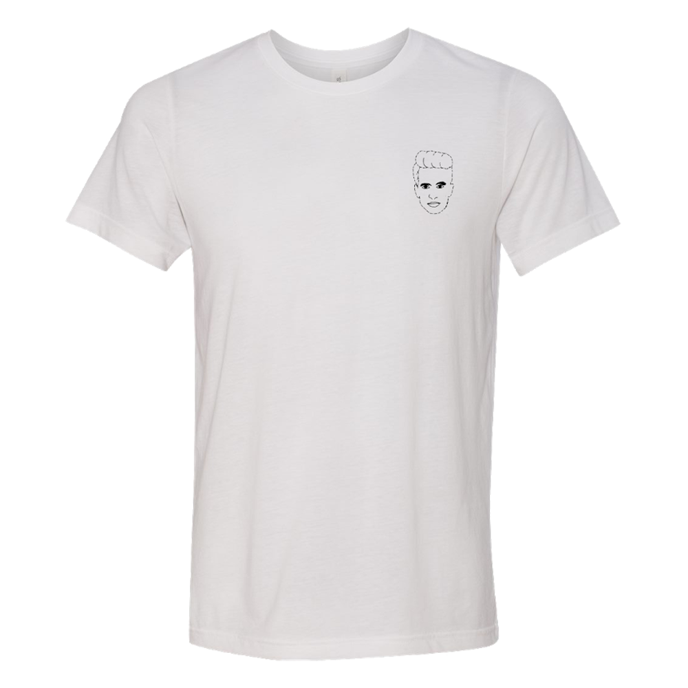 White t-shirt with a small sketched face design on the chest.