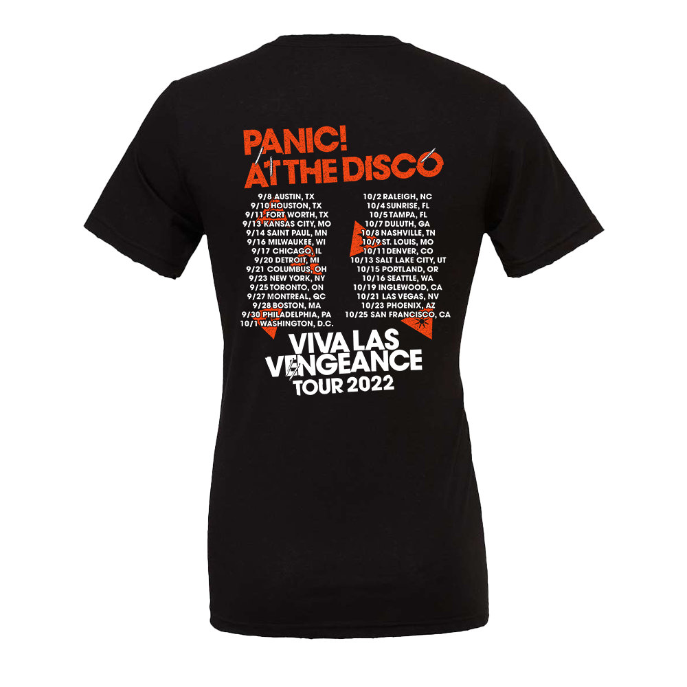 Black t-shirt with red and white text displaying Panic! At The Disco’s ’Viva Las Vengeance Tour 2022’ concert dates.