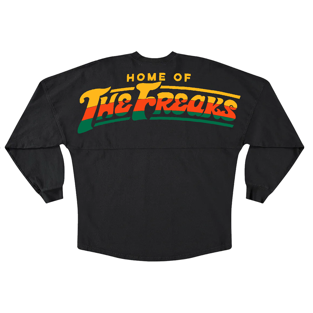 Black sweatshirt with colorful ’HOME OF THE FREAKS’ text printed on the back.
