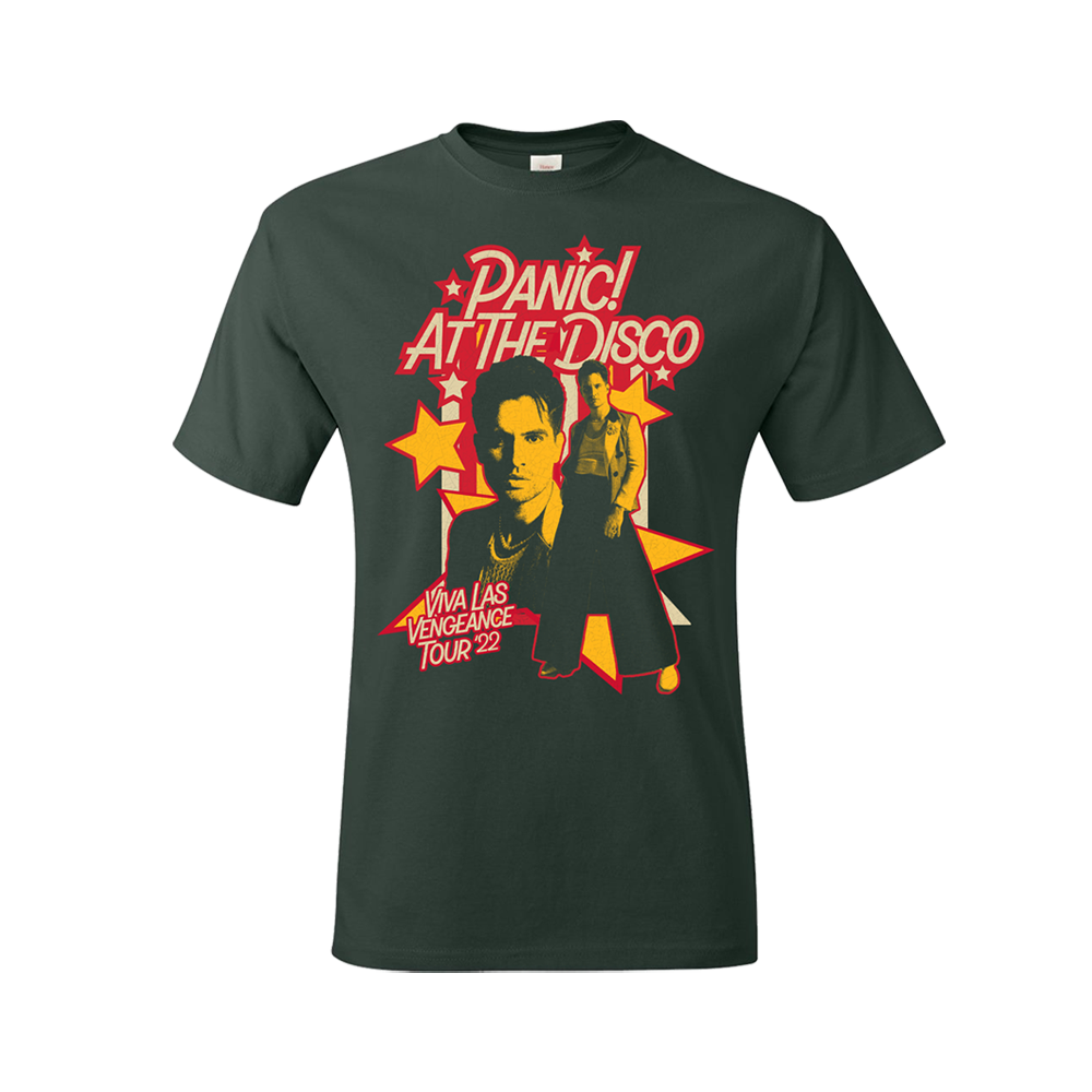 Dark green t-shirt with ’Panic! At The Disco’ tour artwork printed on the front.