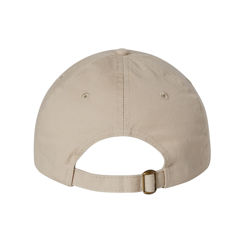 Beige baseball cap with an adjustable strap closure at the back.