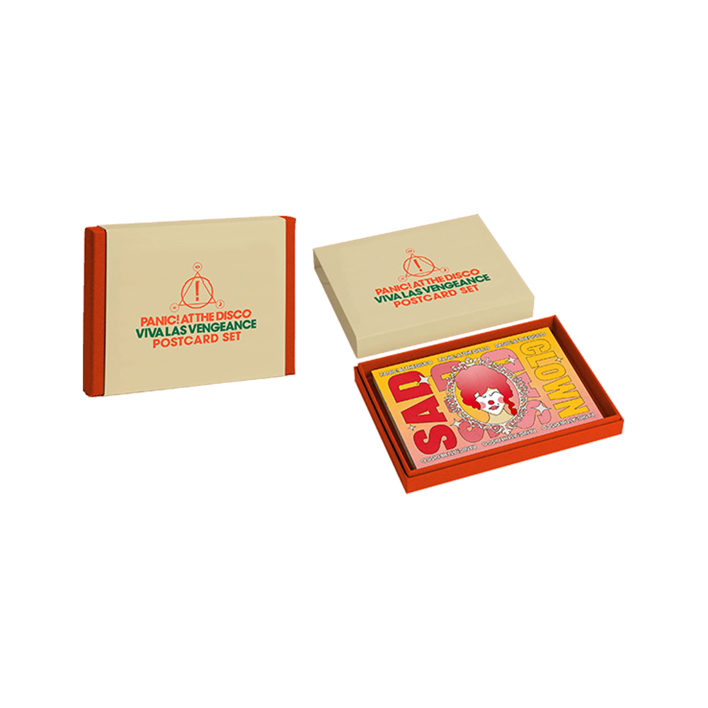 Postcard set from Panic! At The Disco’s ’Viva Las Vengeance’ album, featuring a box and colorful postcards inside.