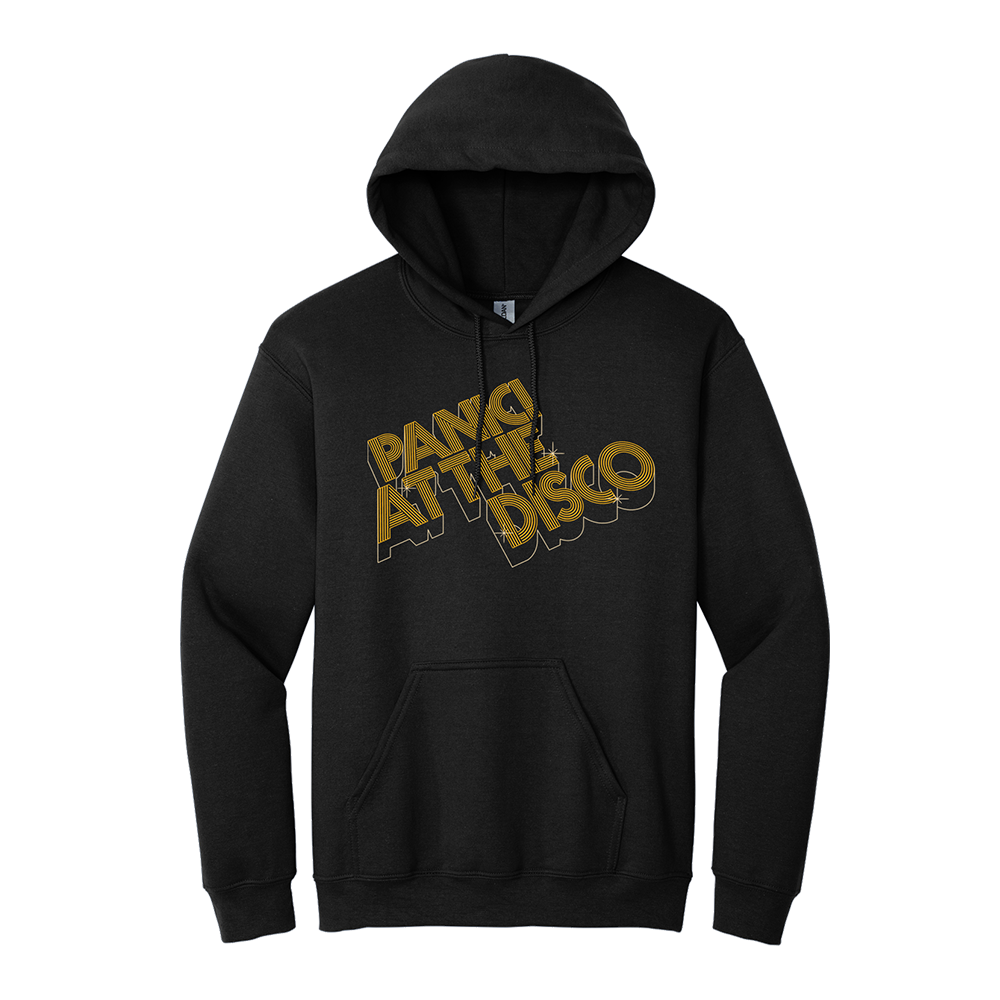 Black hoodie sweatshirt with gold ’Pano Attic Disco’ text design on the front.