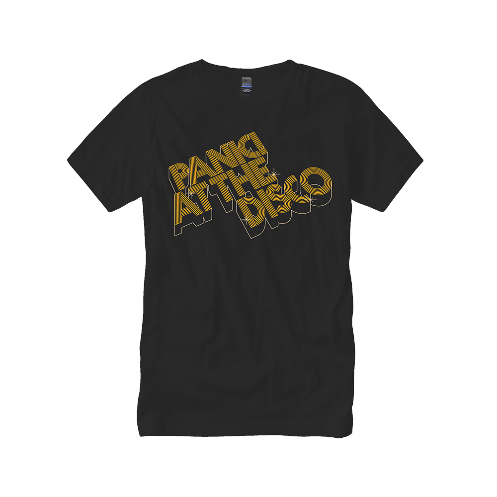 Black t-shirt with gold ’PANIC AT THE DISCO’ text printed on the front.