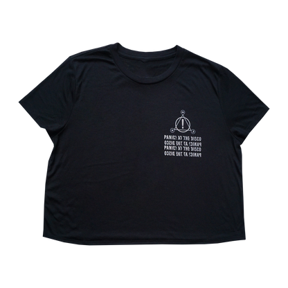 Black crop top t-shirt with a small logo and text printed on the chest.