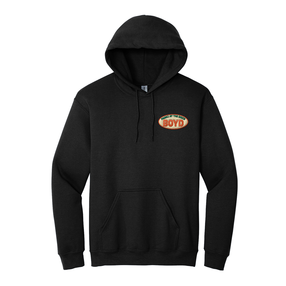 Black hooded sweatshirt with a colorful oval logo on the chest.