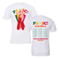 White t-shirt with colorful ’Panic! at the Disco’ tour design on front and back.