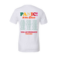 White t-shirt with colorful ’Panic! at the Disco’ tour details printed on the back.