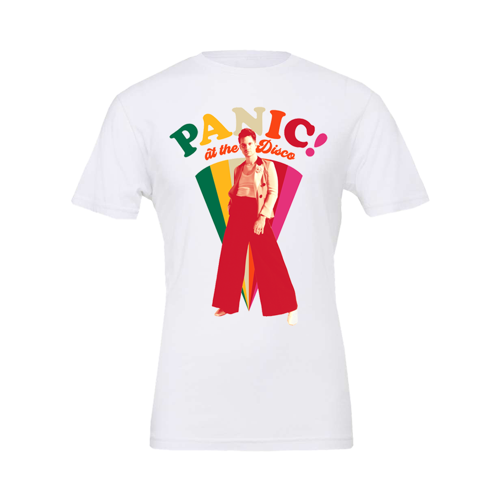 White t-shirt with colorful ’PANIC! at the Disco’ design featuring a stylized figure in red pants.