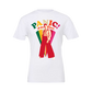 White t-shirt with colorful ’PANIC! at the Disco’ design featuring a stylized figure in red pants.