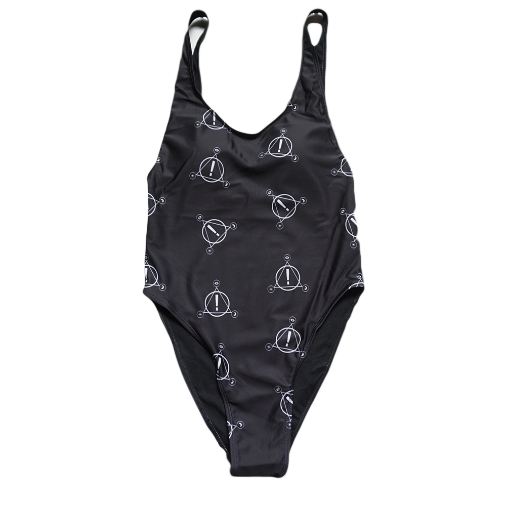 Black one-piece swimsuit with white exclamation mark designs.
