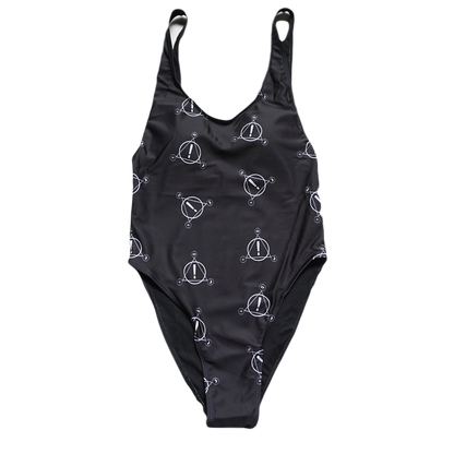 Black one-piece swimsuit with white exclamation mark designs.
