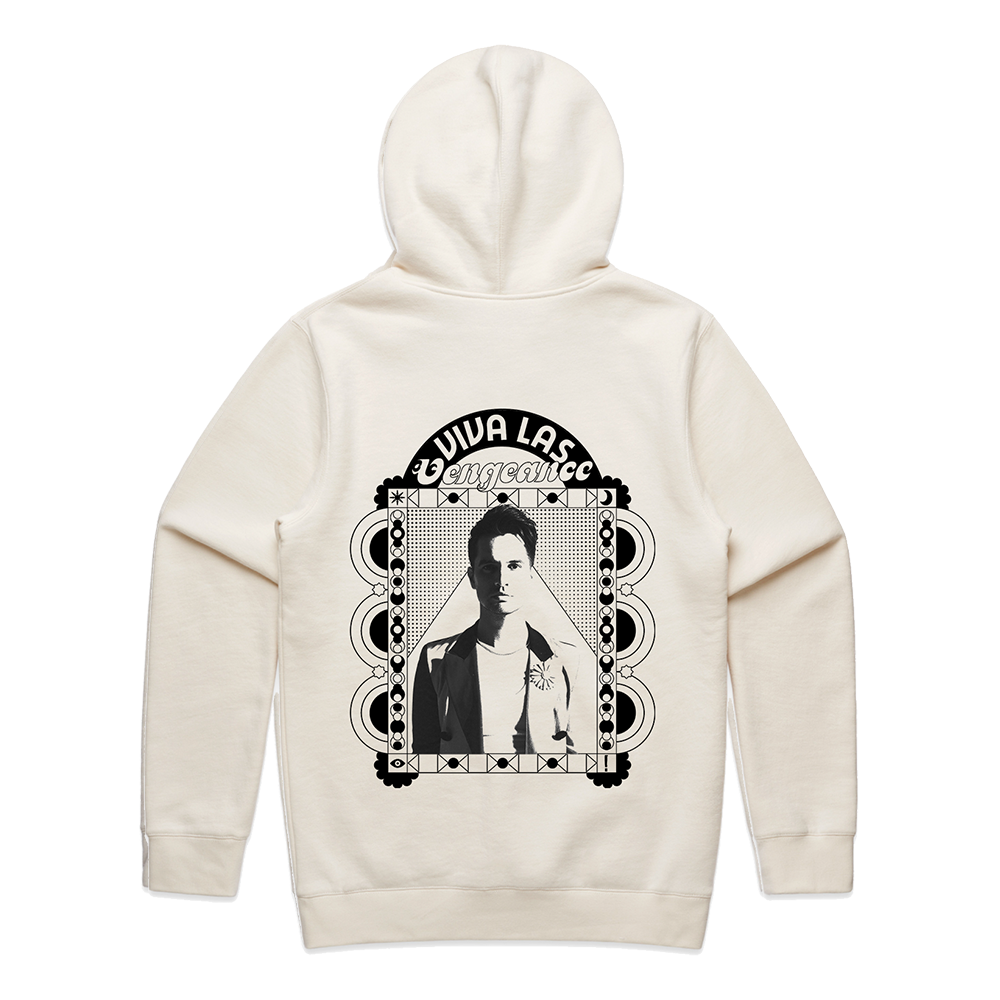 White hoodie with a black and white graphic design on the back featuring a portrait and text.