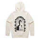 White hoodie with a black and white graphic design on the back featuring a portrait and text.