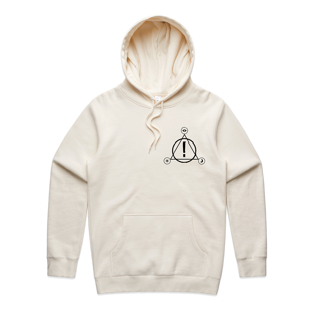 Cream-colored hooded sweatshirt with a geometric symbol on the chest.