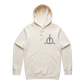 Cream-colored hooded sweatshirt with a geometric symbol on the chest.