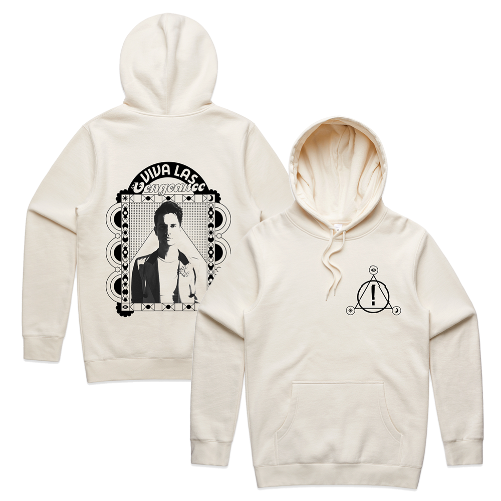 Cream-colored hoodie sweatshirt with graphic designs on front and back.