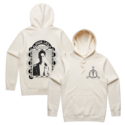 Cream-colored hoodie sweatshirt with graphic designs on front and back.
