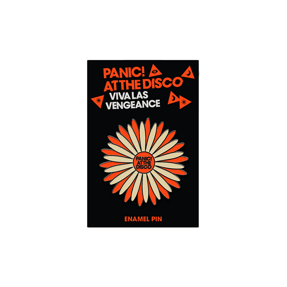 Enamel pin featuring a stylized orange and white daisy design for the band Panic! At The Disco.
