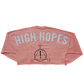 Pink sweatshirt with ’HIGH HOPES’ text and a geometric symbol on the back.