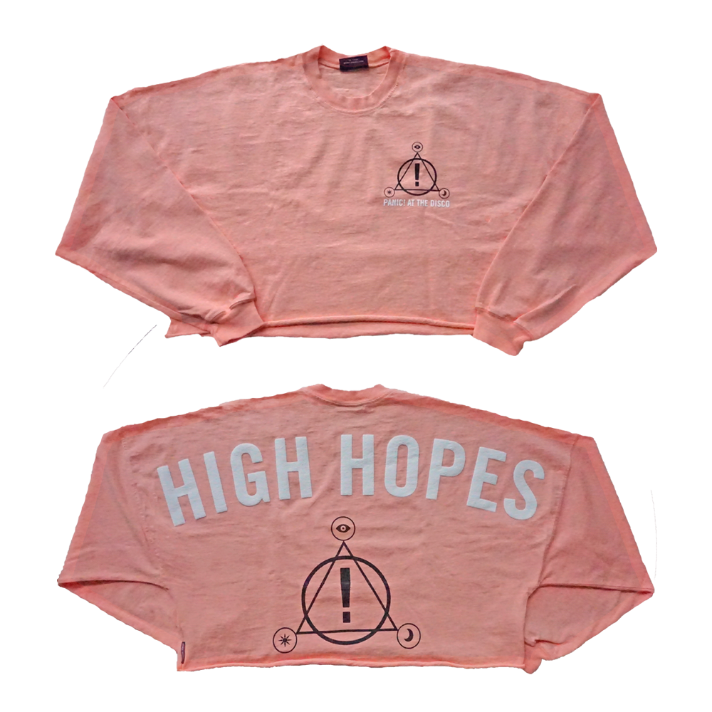 Pink cropped sweatshirt with ’HIGH HOPES’ text and a geometric logo design on front and back.