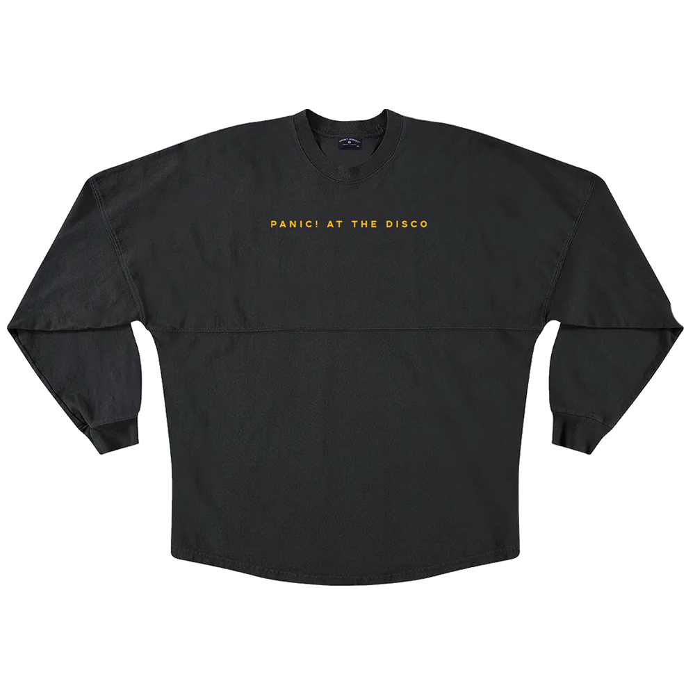 Black long-sleeved shirt with ’PANIC! AT THE DISCO’ printed in yellow text across the chest.