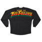 Black sweatshirt with colorful ’HOME OF THE FREAKS’ text printed on the back.