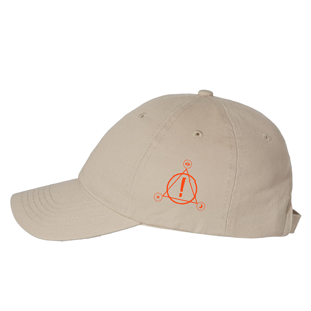 Beige baseball cap with an orange geometric logo on the side.