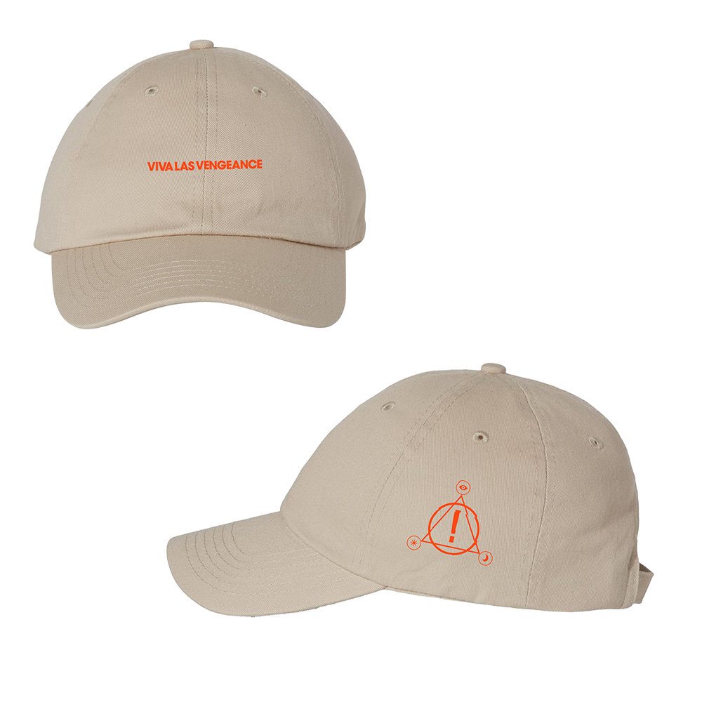 Beige baseball cap with orange text and logo.